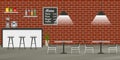 Cafe, restaurant or coffee shop interior in loft style. Bar or Pub inside with brick wall, menu board, chairs and tables. Vector Royalty Free Stock Photo